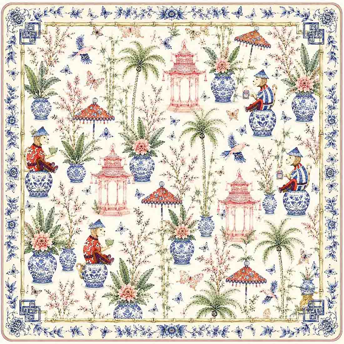Chinoiserie Monkey Mahjong Mat Pink Pagoda Garden Game Mat Blue White Ginger Jar