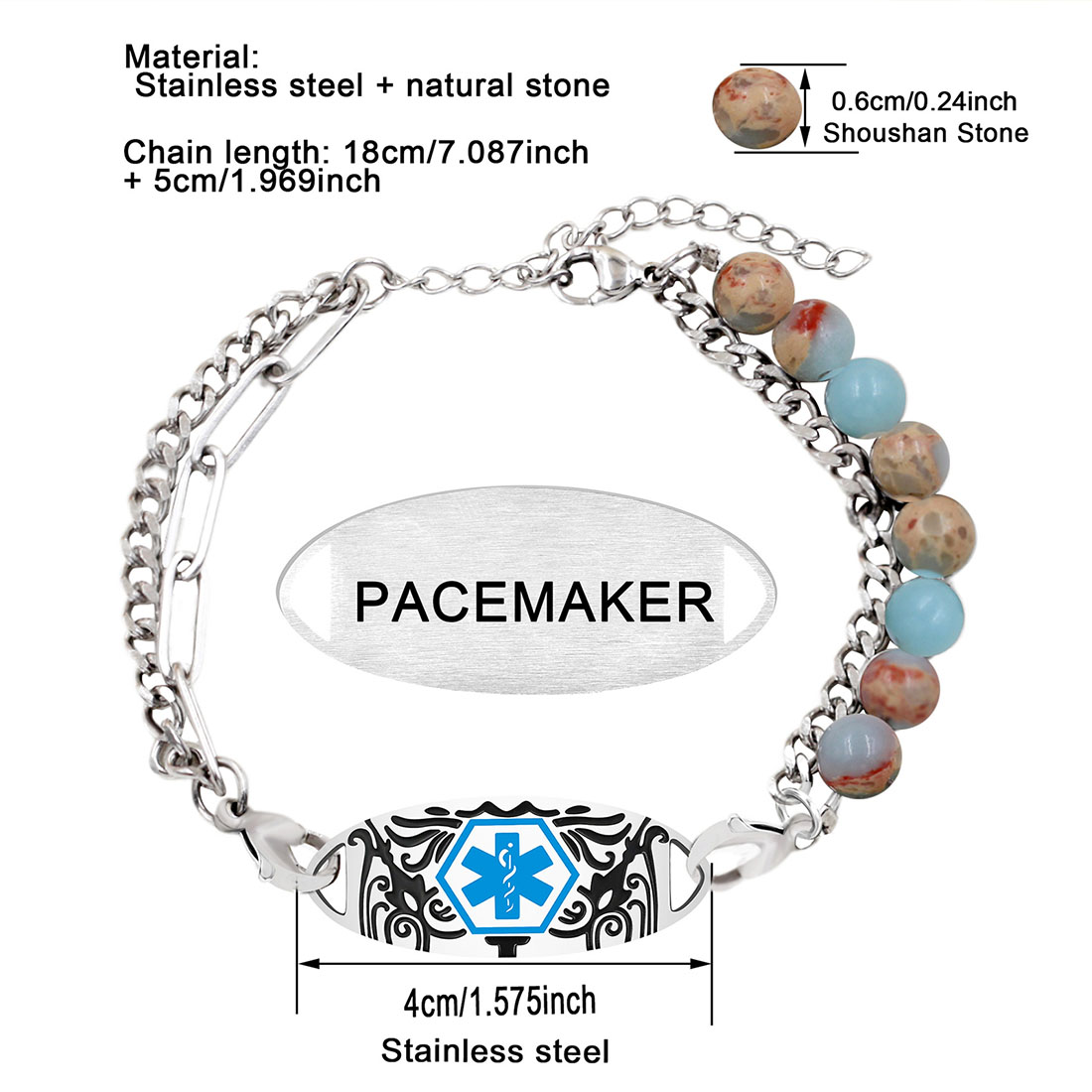 Personalized Medical Emergency Alert ID Beaded Bracelet with Engraved Text First Aid for Allergy Diabetic Women