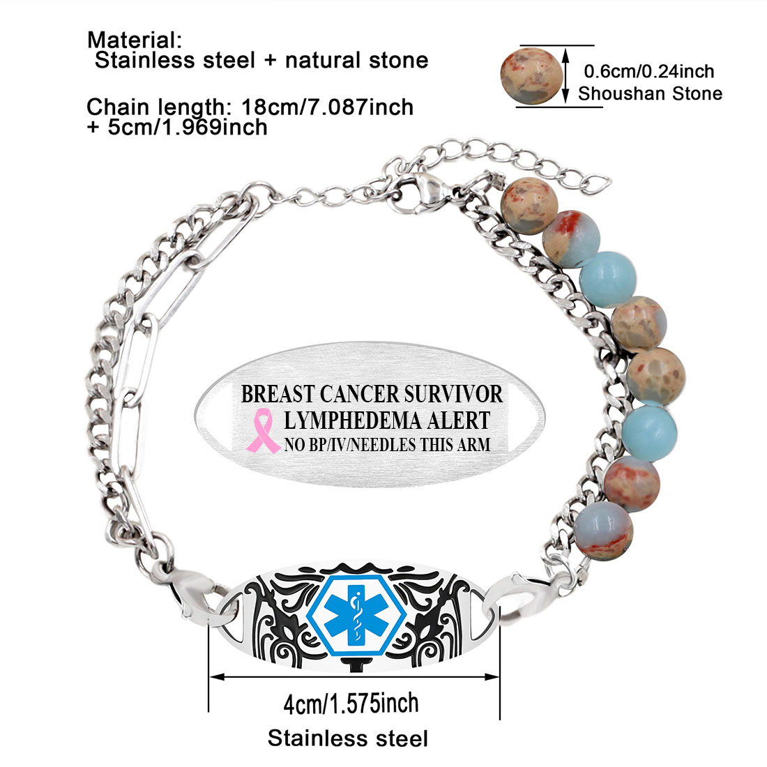 Personalized Medical Emergency Alert ID Beaded Bracelet with Engraved Text and Title Emergency Jewelry Care Gift for Breast Cancer Woman