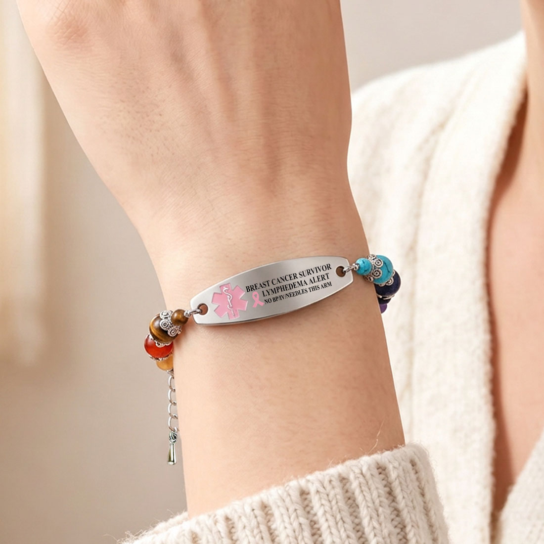 Personalized Colored Chalcedony Medical Emergency Alert ID Beaded Bracelet with Engraved Text and Title Emergency Jewelry Care Gift for Breast Cancer Woman