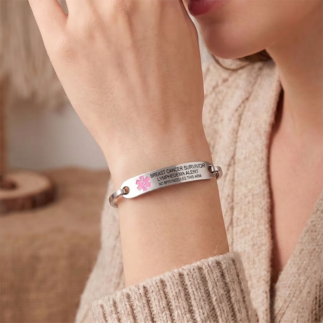 Personalized Star of Life Medical Alert ID Bracelet Emergency Jewelry Care Gift for Breast Cancer Woman