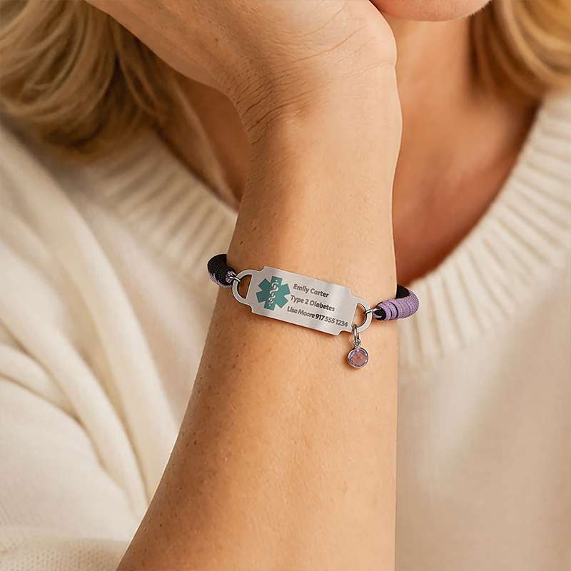 Personalized Adjustable Rope QR Code Medical Alert ID Bracelet with Birthstone and Text Emergency Gift for Diabetes Allergy Epilepsy Patient Family Gift