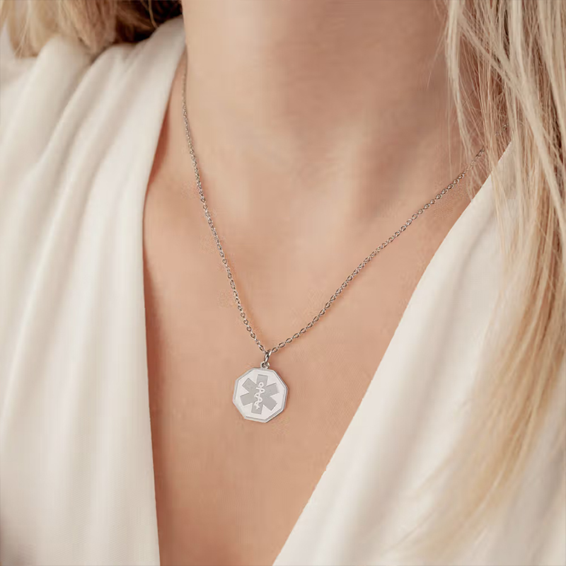 Personalized Engraved Medical Emergency Alert ID Octagon Necklace with Text and Star of Life Gift for Diabetic Allergy Autism Women Men Family Gift