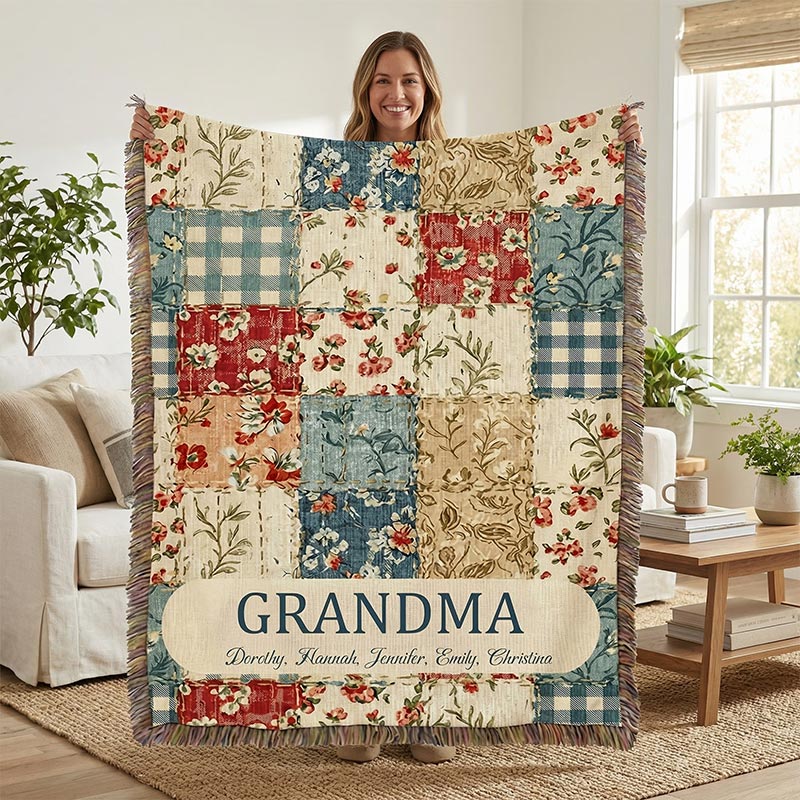 Personalized Vintage Flower Checkered Patchwork Tassel Soft Throw Blanket with Names and Title Mother's Day Birthday Gift for Grandma Mom