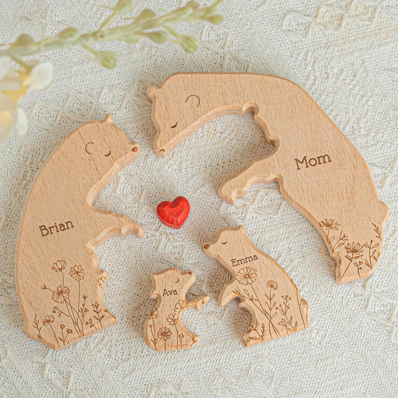 Personalized Wooden Bear Family Puzzle Hugging Bear Family Floral Version Engraved Oak Wood Keepsake with Name Gift for Family