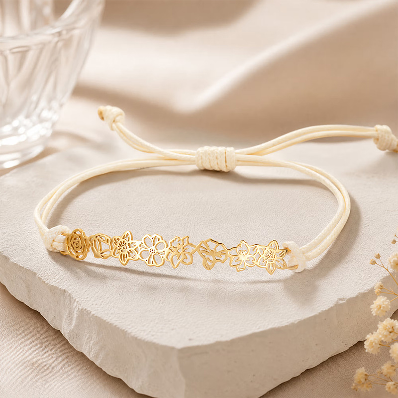 Personalized Minimalist Adjustable 1-8 Birth Flower Waxed Line Bracelet Charm Jewelry Birthday Mother's Day Christmas Gift for Family Mom Grandma Gift