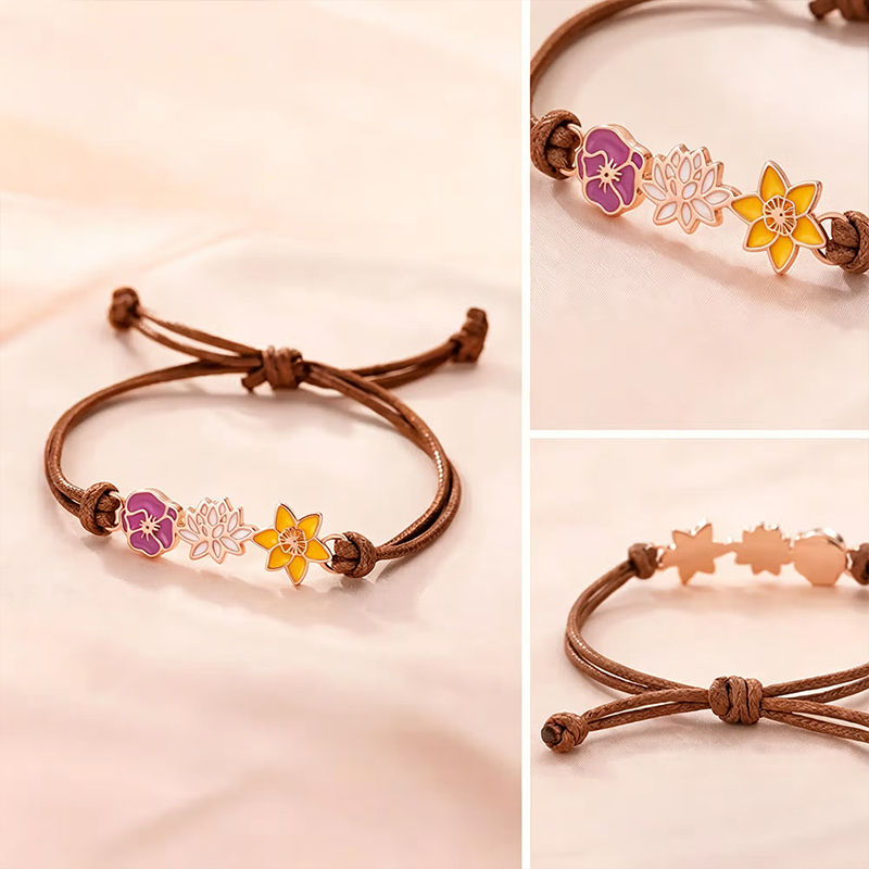 Personalized Birth Flowers Bracelet 1-8 Flowers Dainty Jewelry Adjustable Bracelet Birthday Mother's Day Gift for Family Mom Grandma Gift