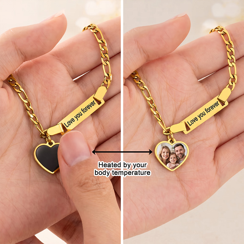 Personalized Heat-Activated Heart Charm Hidden Photo Bracelet with Engraved Text Birthday Anniversary Memorable Gift for Mom Grandma
