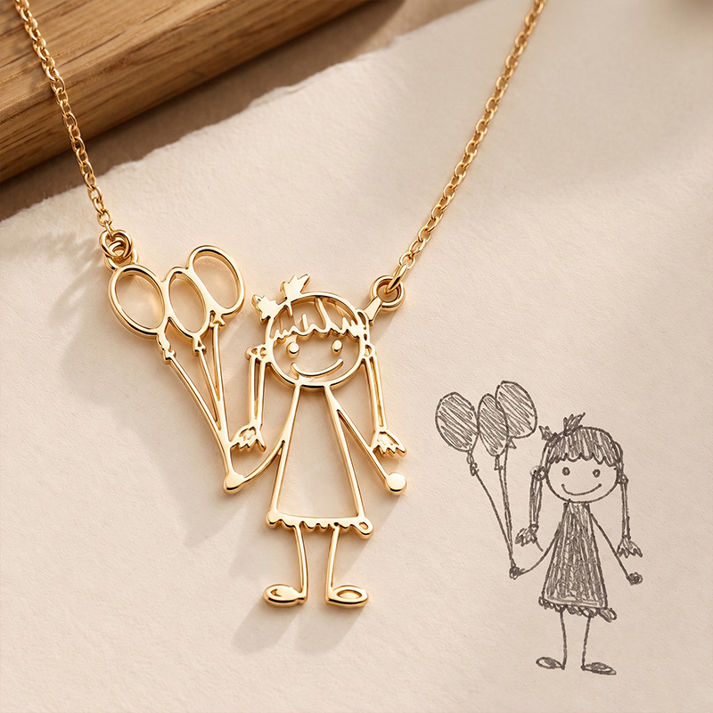 Personalized Actual Kids Drawing Necklace for Mom Grandma Custom Children Artwork Necklace Birthday Gift for Family Mother's Day Gift
