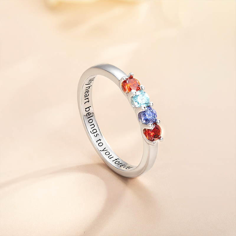 Personalized Elegant 1-8 Birthstones Ring with Engraved Text Custom Birthday Mother's Day Gift for Mom Grandma