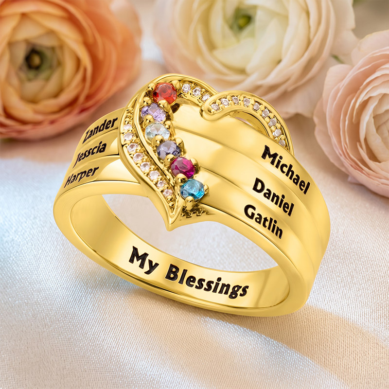 Personalized 1-8 Birthstones Heart Design Ring with Engraved Names Custom Family Jewelry Birthday Mother's Day Gift for Mom Grandma