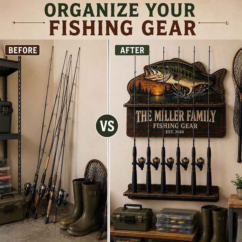 Personalized Bass Fishing Rod Holder Fishing Pole Rack Custom Fishing Gear Organizer Fisherman Gift for Dad Garage Cabin Wall Storage