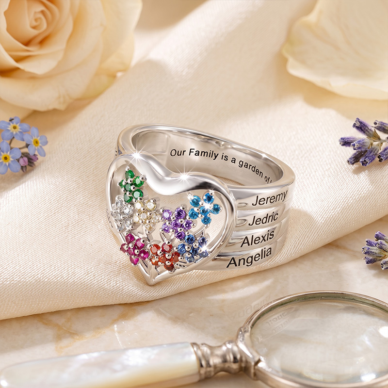 Personalized Grandma's Garden Birthstone Flower Family Ring with Engraved Names Birthday Mother's Day Gift for Grandma Mom
