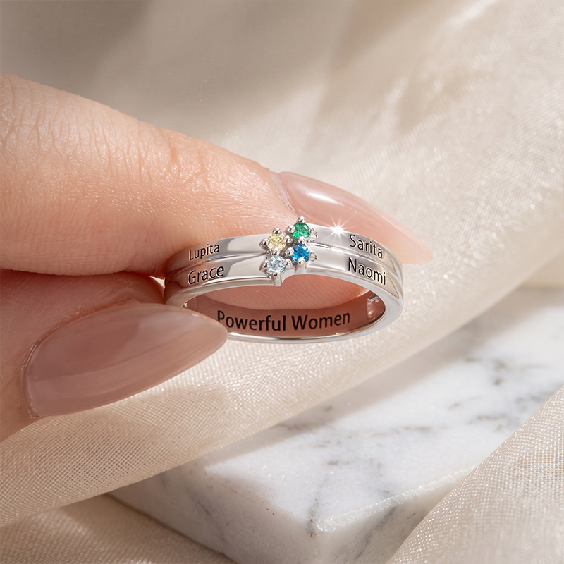 Personalized 1-8 Birthstones Ring with Engraved Name Dainty Women Jewelry Birthday Mother's Day Gift for Mom Grandma