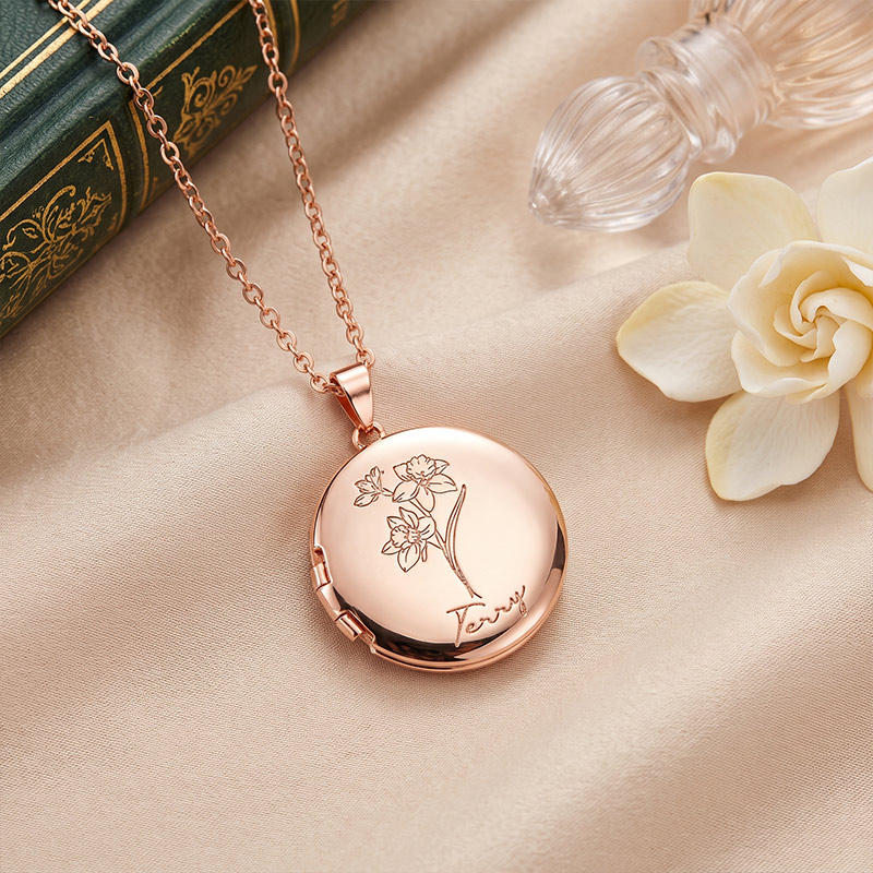 Personalized Birth Flower Photo Locket Necklace with Engraved Name Birthday Anniversary Gift for Women Mom Grandma Gift