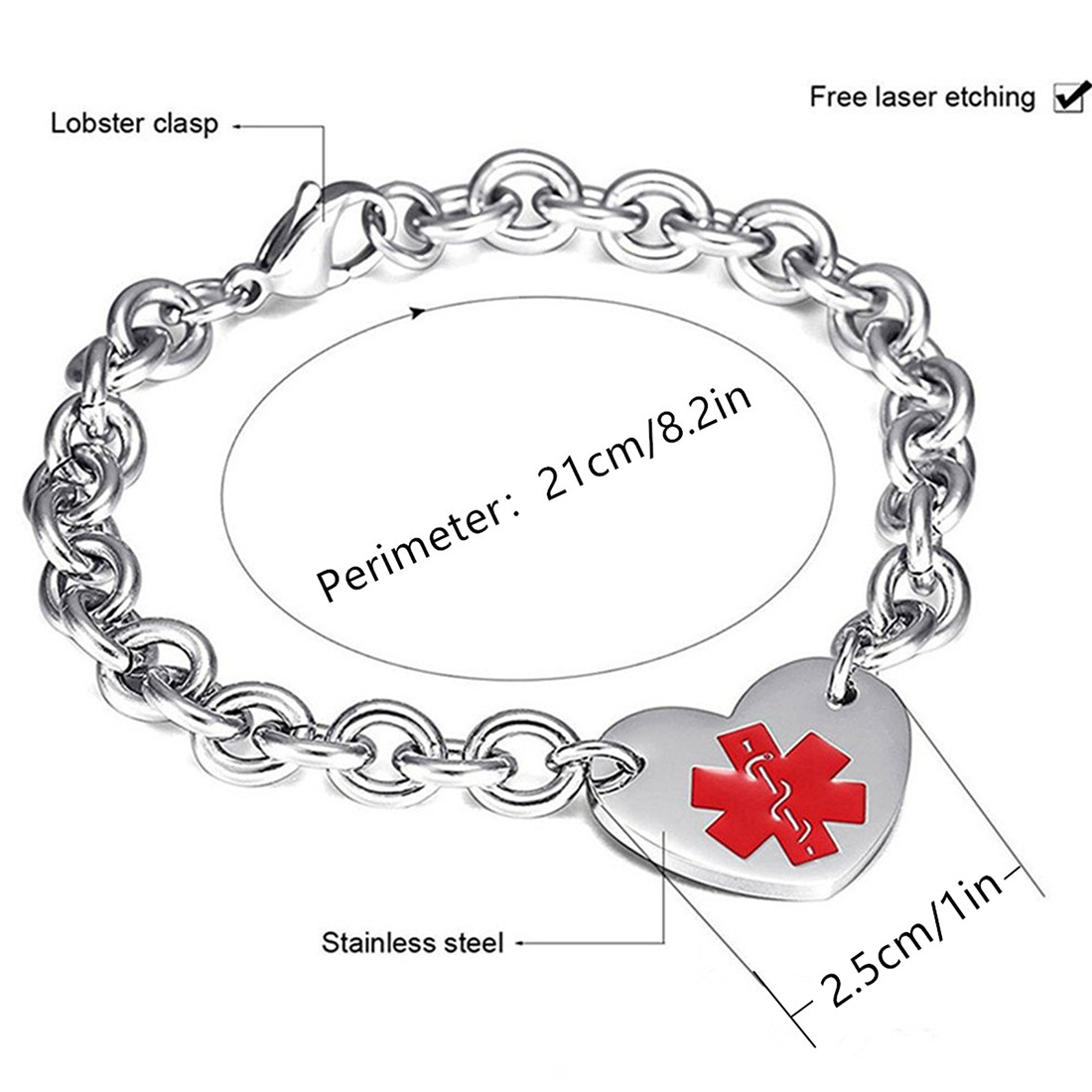 Personalized Star of Life Medical Alert ID Emergency Bracelet with Engraved Text Gift for Allergy Cancer Diabetic Women