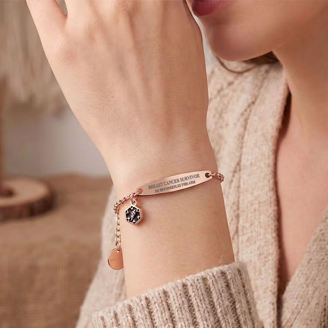 Personalized Star of Life Medical Alert ID Emergency Bracelet with Engraved Text Gift for Breast Cancer Diabetic Women