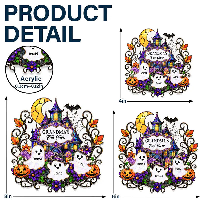 Personalized Halloween Window Hanging Suncatcher Ornament Haunted Family Home Sweet Home Boo Crew Halloween Gift for Grandma Family Halloween Gift