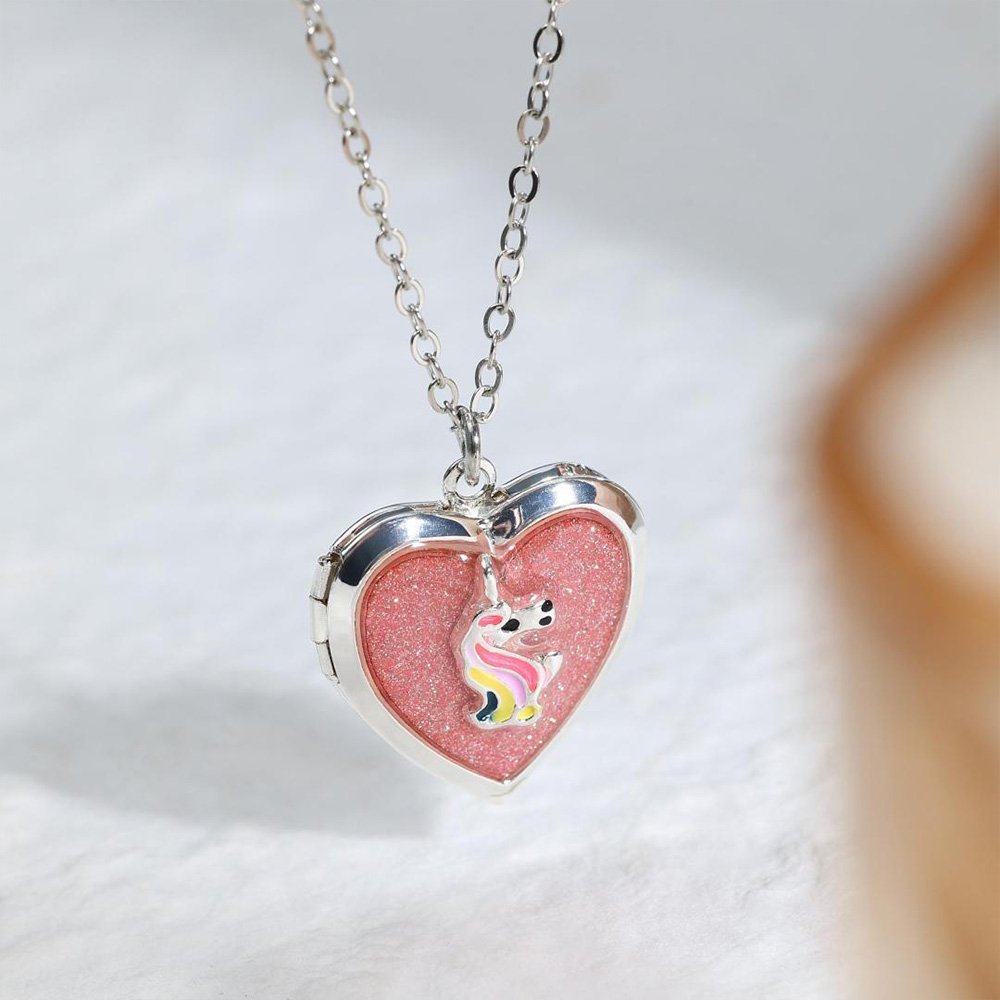 Personalized Rainbow Horse Heart Locket Necklace Cute Magic Themed Jewelry For Girls Keepsake Photo Pendant Gift Fairy Design