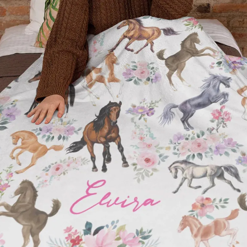 Personalized Riding Floral Blanket Floral Horse Custom Name Festive Horse Floral Soft Throw Blanket Family Blanket for Riding Lovers Equestrian Lovers