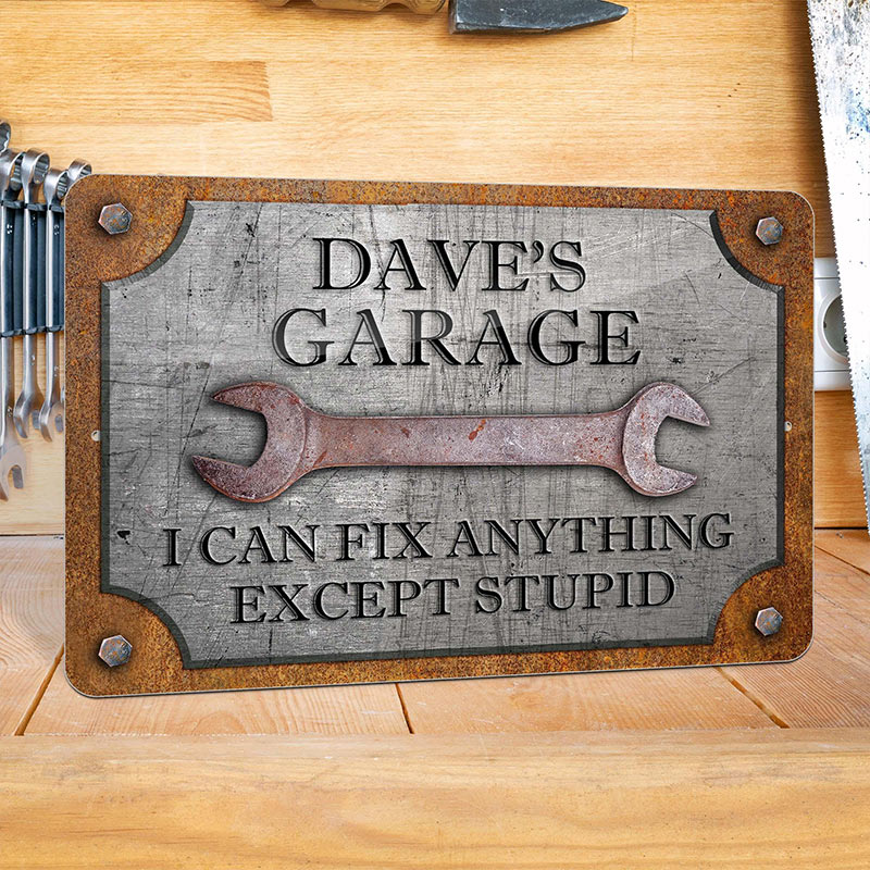 Personalized Workshop Sign Custom Garage Sign, Can't Fix Stupid Rust and Steel Design Birthday Gift for Dad Grandpa