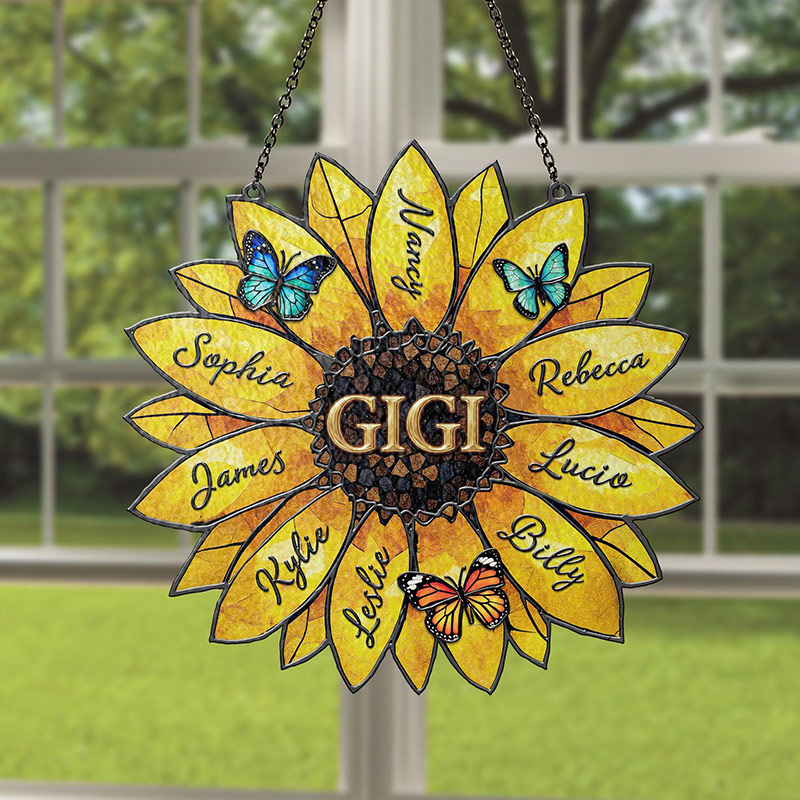 Personalized Sunflower Suncatcher Custom Family Names Stained Acrylic Window Art Gift for Mom Grandma Family