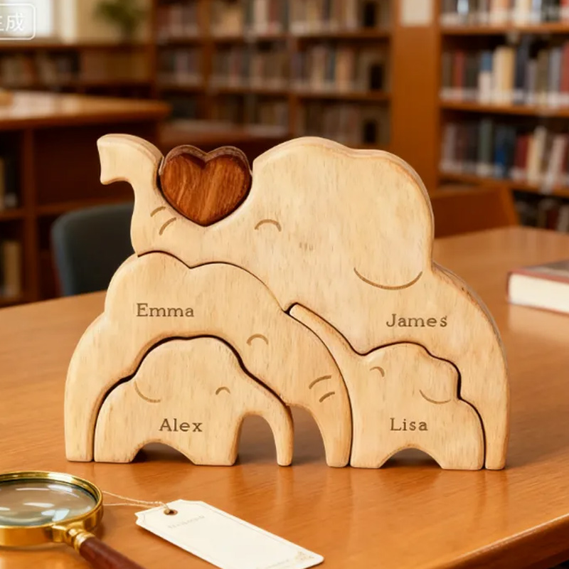 Personalized little Elephant Family Wooden Puzzle Adorable Shaped Wooden Ornament