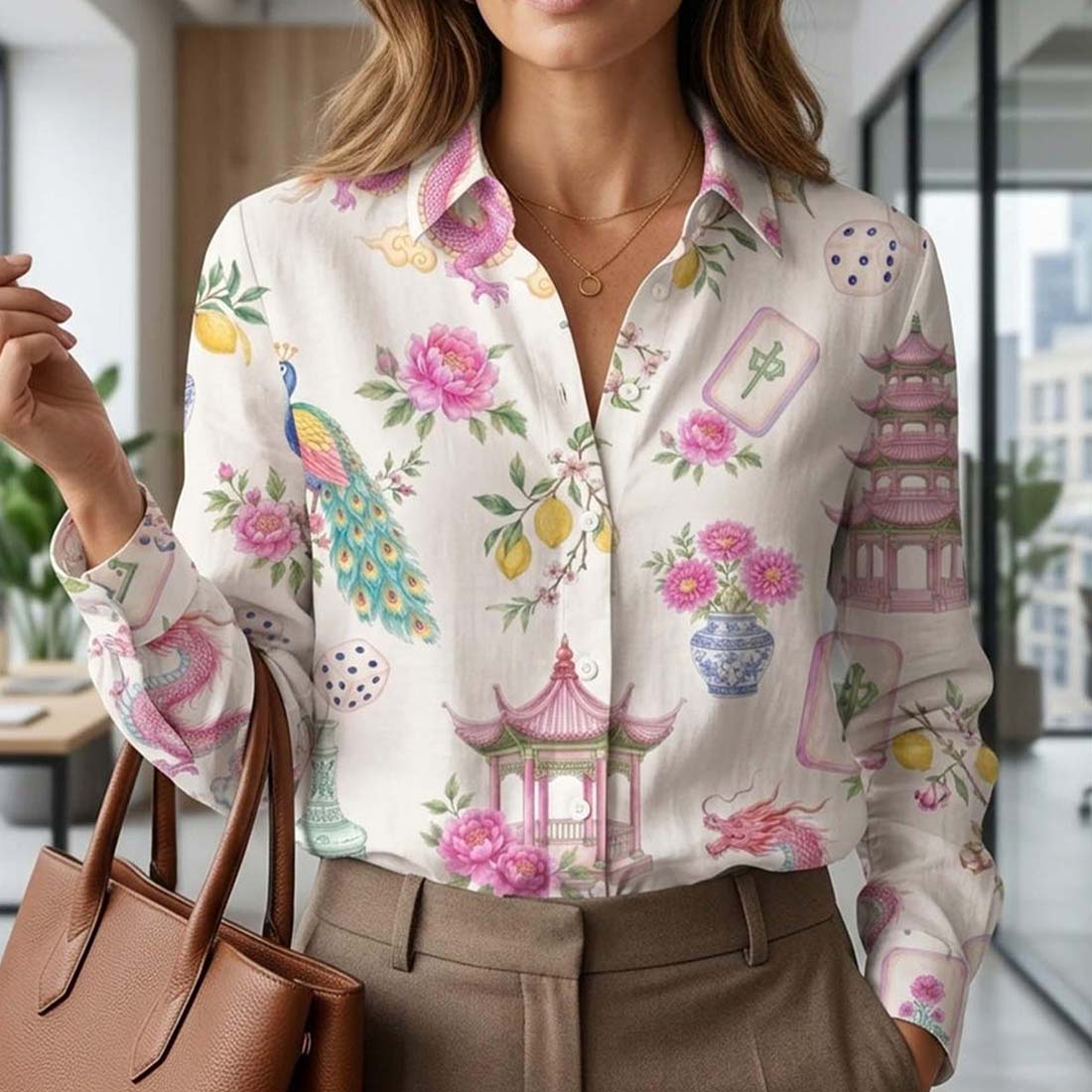 Retro Mahjong Women Blouse Shirt Chinoiserie Pattern Button Down Asian Art Long Sleeve Shirt