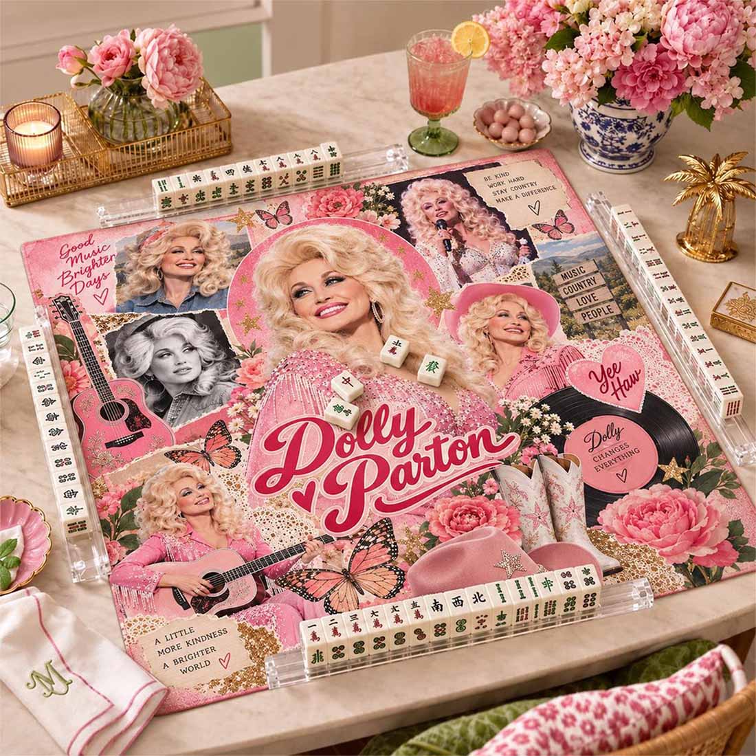 Dolly Parton Mahjong Mat Queen Of Country Mahjong Sparkling Pink Guitar Decor