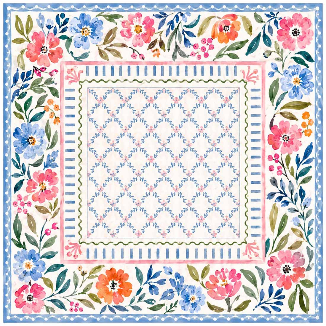 Watercolor Floral Garden Mahjong Mat American Mahjong Mat Blue Pink Botanical Lattice Preppy Grandmillennial