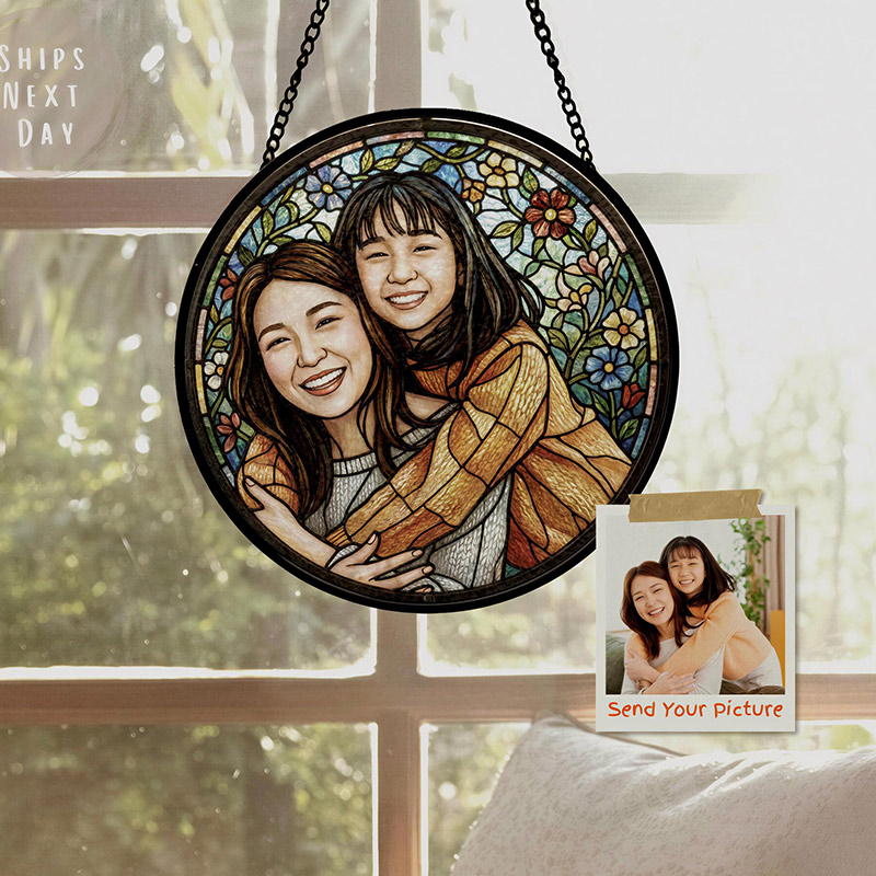 Persnalized Sun Catcher Mom Daughter Gift Custom Floral Stained Glass Portrait Photo Window Art
