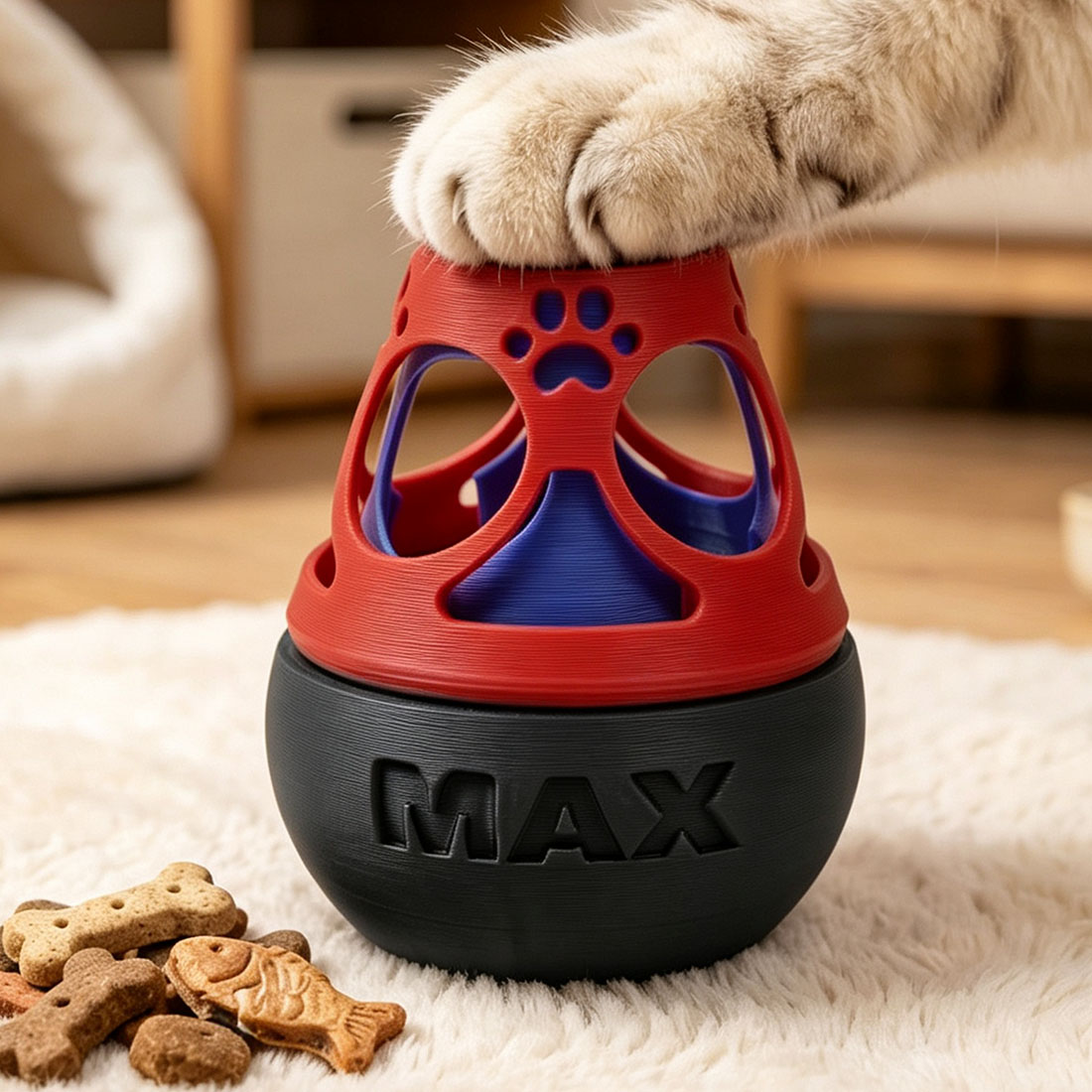 Personalized 3D Printed Multicolor Adjustable Treat Dispensing Cat Tumbler Toy with Name
