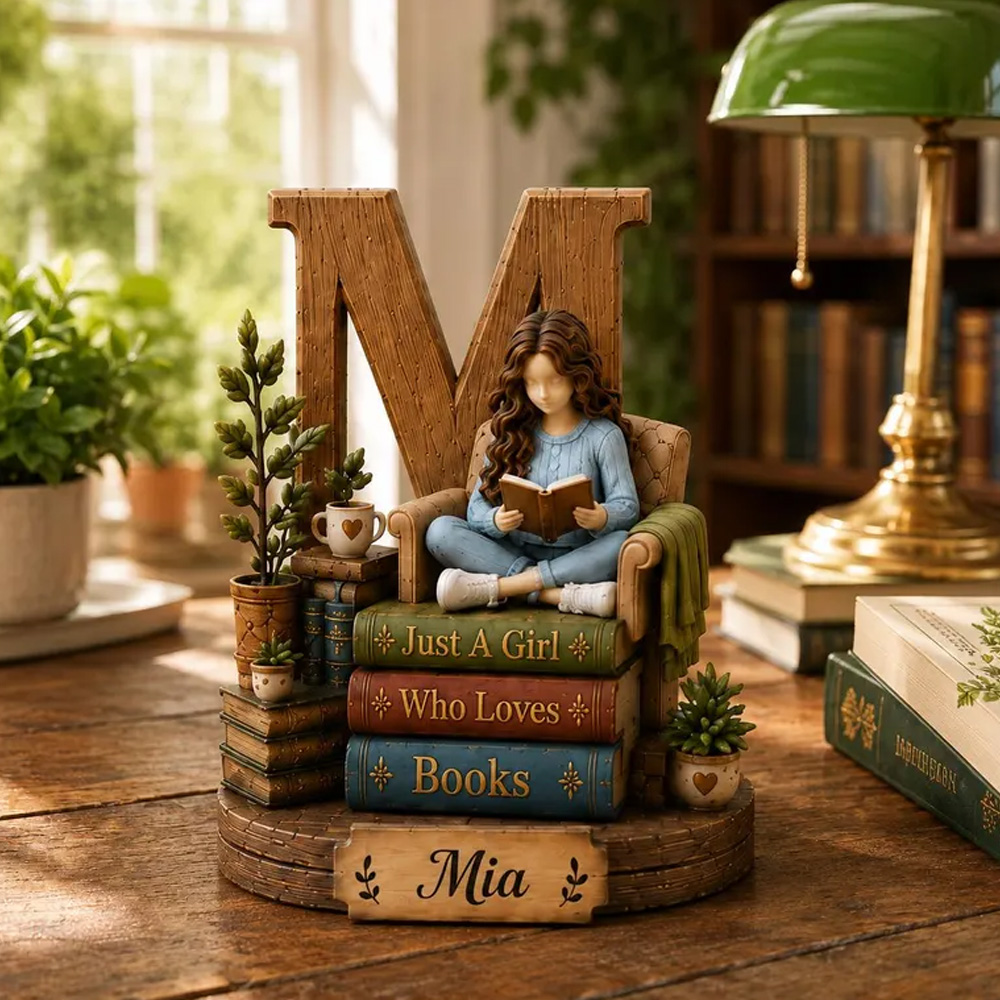 Personalized Book Lover Letter Decor Girl Reading On Chair Custom Name Initial Monogram Gift For Readers Bedroom Desk Shelf Home Ornament