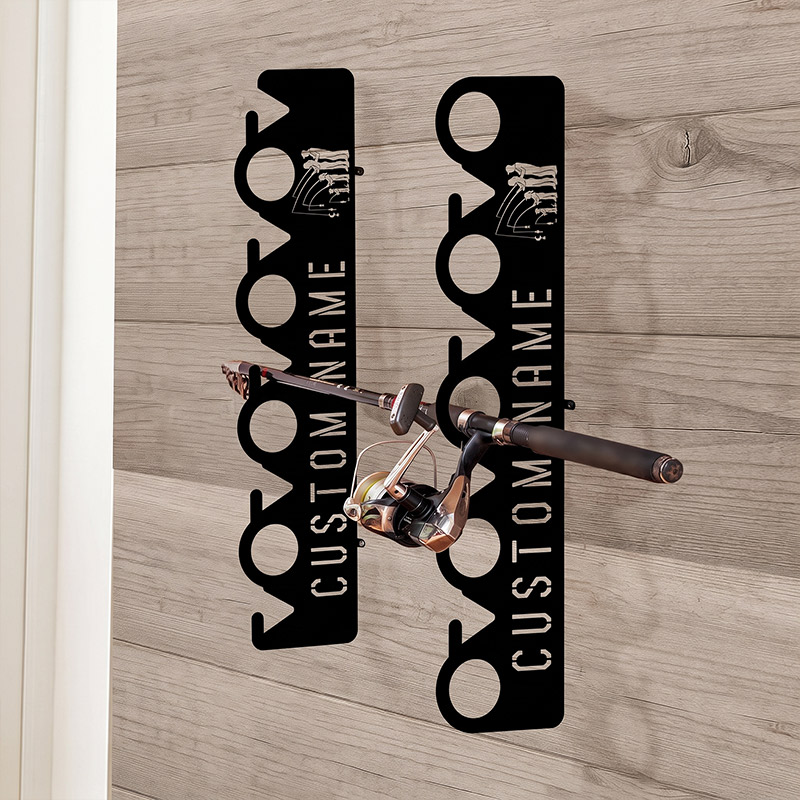 Personalized Family Fishing Pole Holder Wall Mounted Rod Rack for Lake House or Cabin Rustic Fishing Gear Storage Idea Gift for Dad