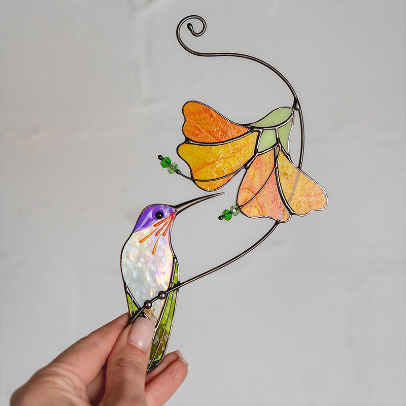 Personalized Hummingbird Stained Glass Sun Catcher Grandma Gifts Flower Stained Glass Window Hangings Gift for Mom Family