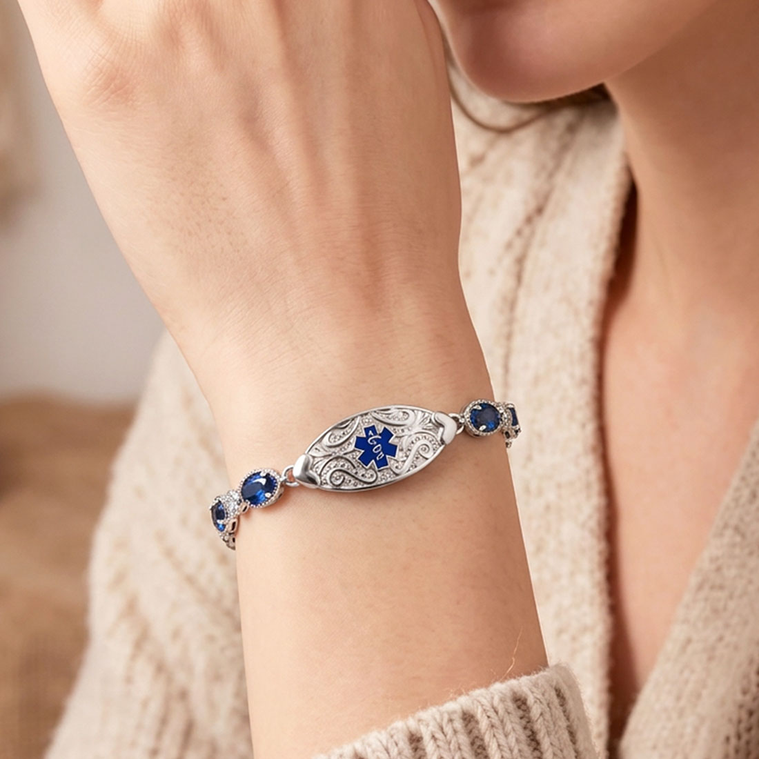 Silver Personalized Star of Life Medical Alert ID Emergency Multi-Layer Bracelet with Engraved Text Gift for Allergy Diabetic Women