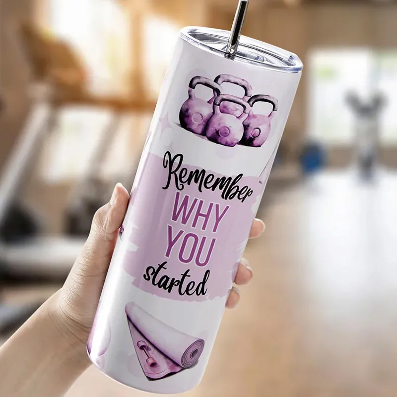 Personalized Watercolor Fitness Equipment Why You Started Skinny Tumbler with Lid Straw Motivational Birthday Gift for Workout Coach Gym Lover