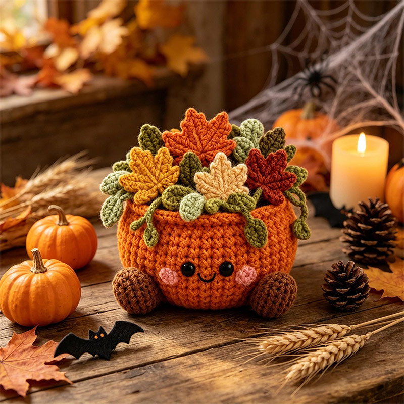 Personalized Handmade Crochet Pumpkin Flower Pot Cute Fall Desk & Tiered Tray Decor Halloween and Harvest Festival Gift for Coworker Friend Family
