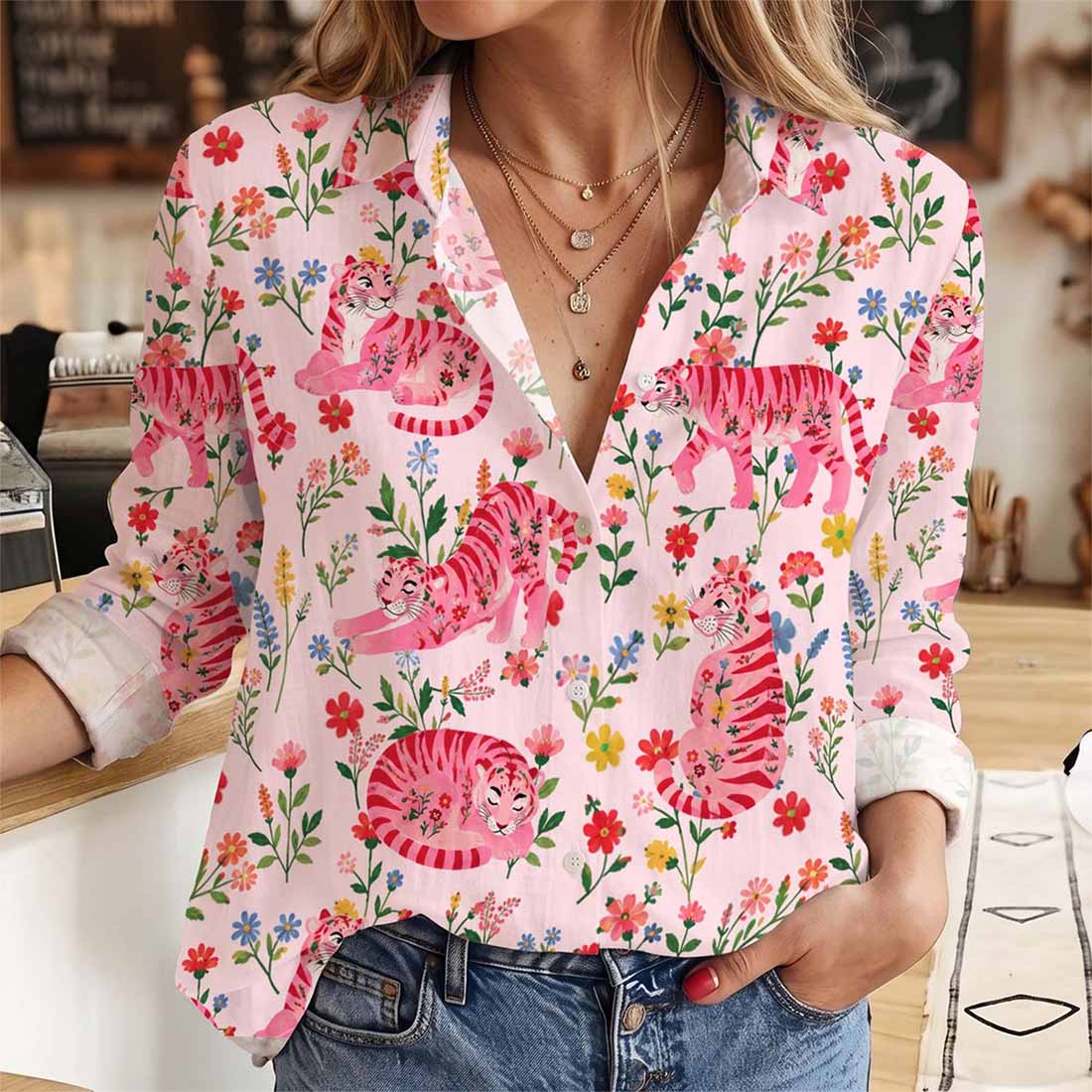 Preppy Chinoiserie Tiger Mahjong Blouse Shirt Tiger Floral Women Shirt Tropical Game Night Blouse