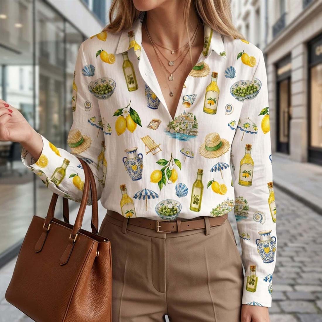 Italian Lemon Olive Women Blouse Shirt Italian Summer Lemon Button Down Shirt Italy Vacation Trip Shirt