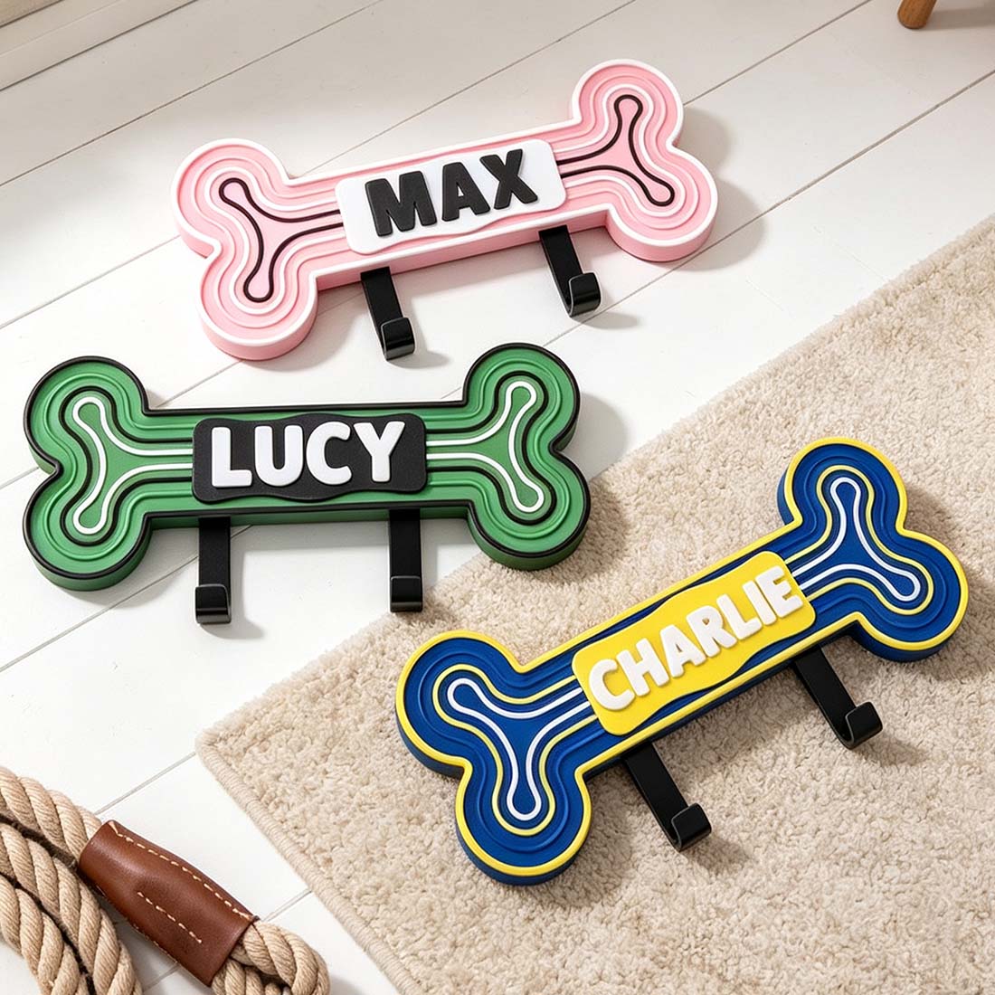 Personalized 3D Printed Bone-Shaped Pet Leash Holder with Name Home Entryway Decor Walk the Dog
