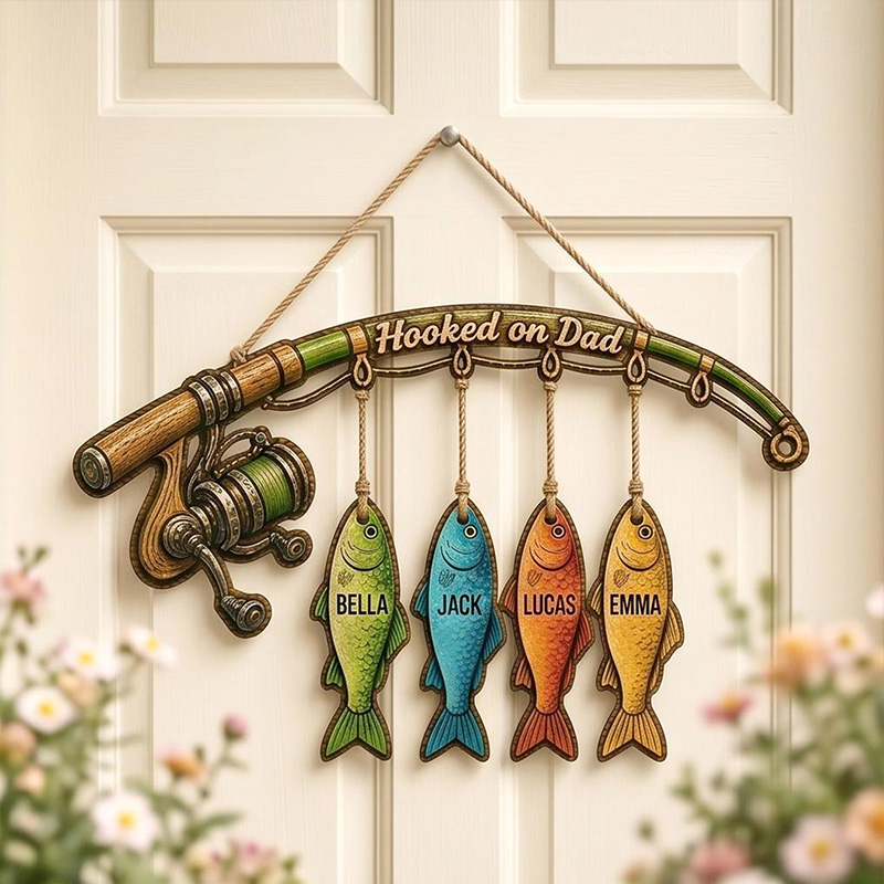 Personalized Fishing Wooden Door Sign Hooked On Dad Custom Fish Hanging Rustic Fisherman Family Decor