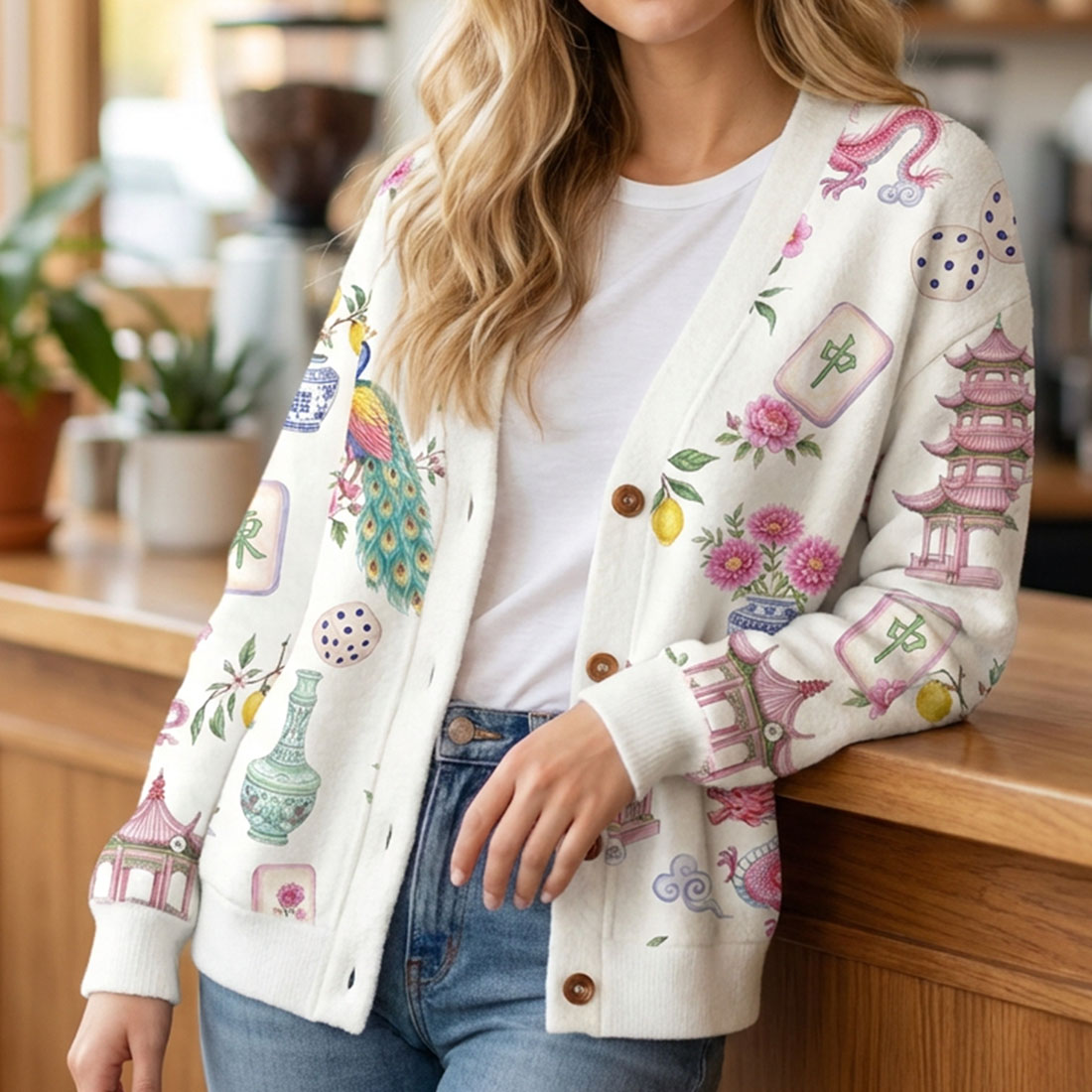 Retro Mahjong Women Light Knit Unisex Cardigan Sweaters Chinoiserie Pattern Asian Art