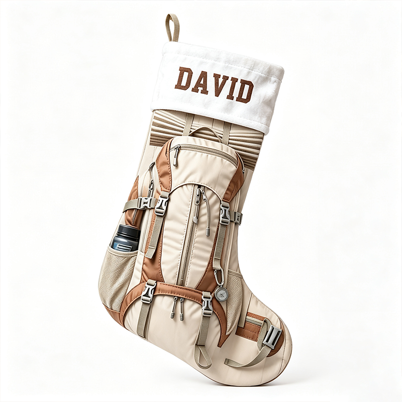 Personalized Hiking Backpack Christmas Stocking, Custom Name Outdoor Camping Rucksack Print Xmas Stocking with White Sherpa Cuff, Adventure Christmas Decor Gift for Hiker Camper