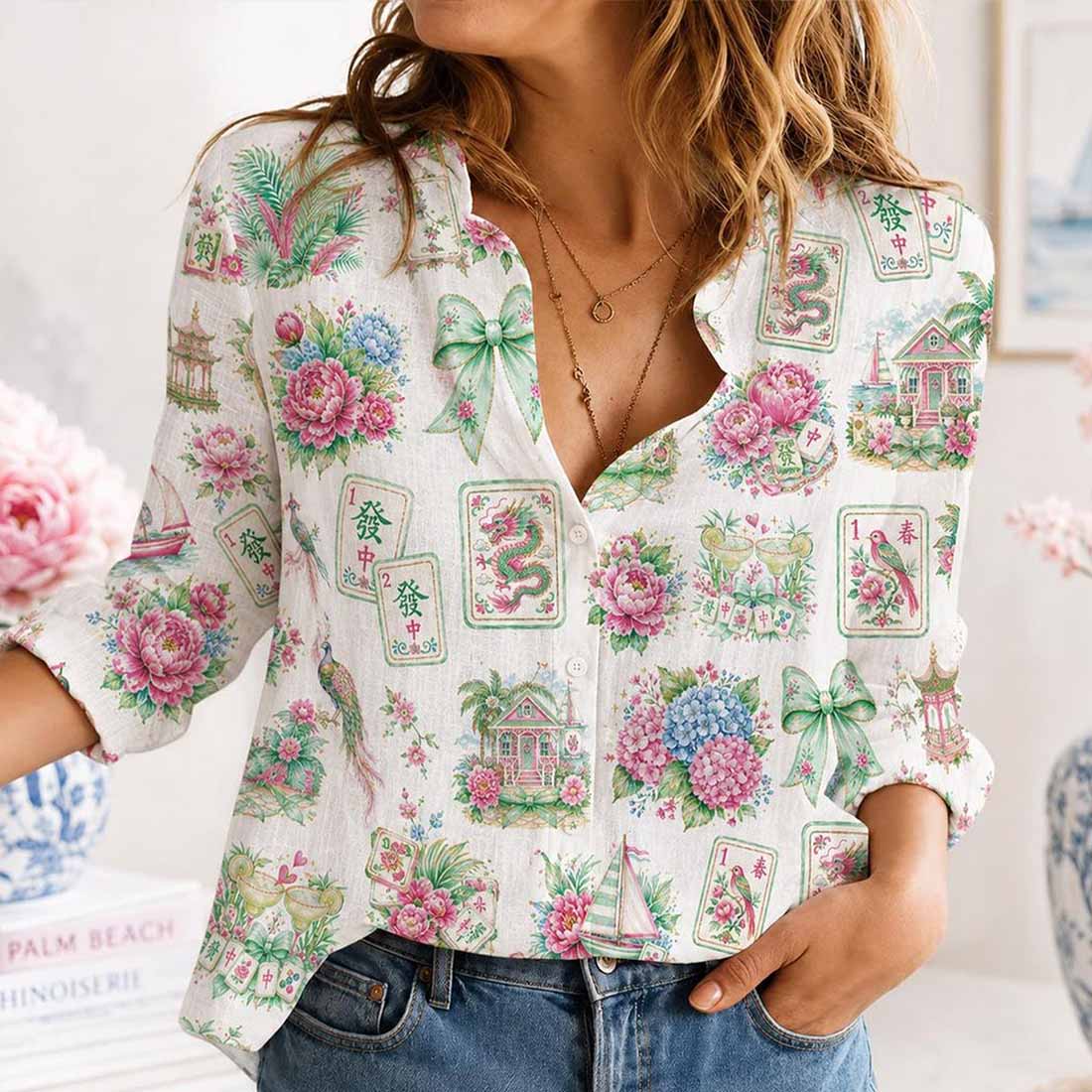 Retro Mahjong Women Blouse Shirt, Chinoiserie Pattern Button Down, Asian Art Long Sleeve Shirt