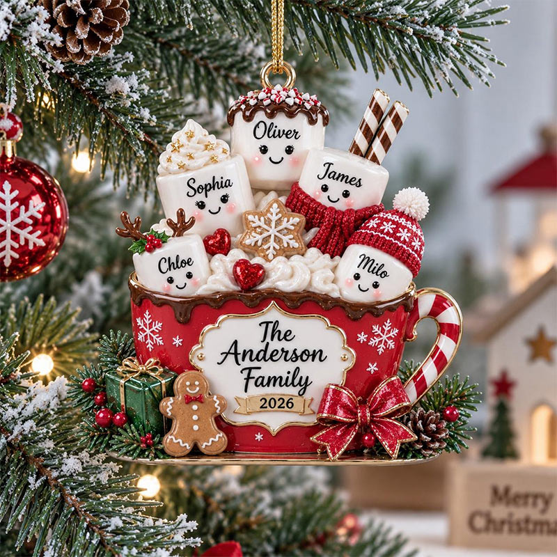 Personalized Family Christmas Ornament Hot Cocoa Marshmallow Keepsake Custom Name GIFT 2026 Holiday Tree Decor Family Gift for Parents