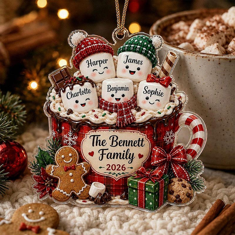 Personalized Marshmallow Family Ornament 2026 Custom Hot Cocoa Cup Acrylic Decor Christmas Tree Keepsake Gift