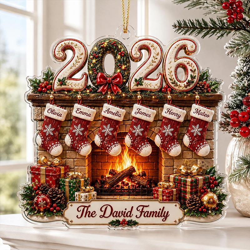 Personalized Family Christmas Acrylic Ornament 2026 Custom Family Name Fireplace Ornament 2D Stocking Ornament Christmas Gift