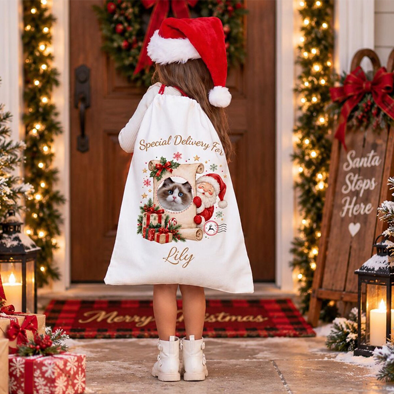 Personalized Santa Claus Sack Personalized with Pet Photo, Dog & Cat, Large Santa Bag Personalized, Christmas Eve Gift Bag, Custom Santa Sack