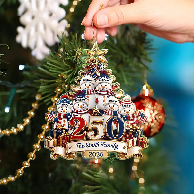 Personalized 250 Years Of Freedom Christmas Ornament Snowman with Family Names Custom Acrylic Keepsake Patriotic Family Holiday Gift